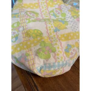 Vtg Crib Sheet Pastel Yellow Doll Turtle Bear Craft Fabric Fitted Crib Sheet